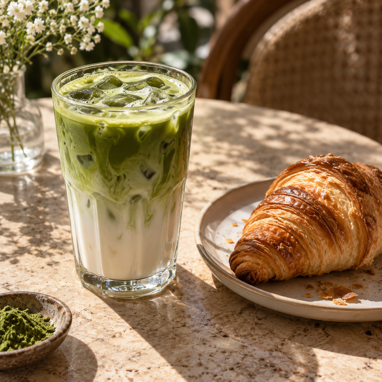 Matcha glacé et croissant, exemple de visuel pour un café